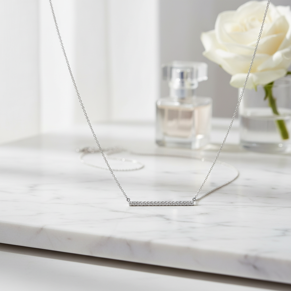 Generic Sterling Silver Rhodium Plated CZ Bar Pendant Necklace, 16 Inch Chain with 2 Inch Extender, Spring Ring Closure