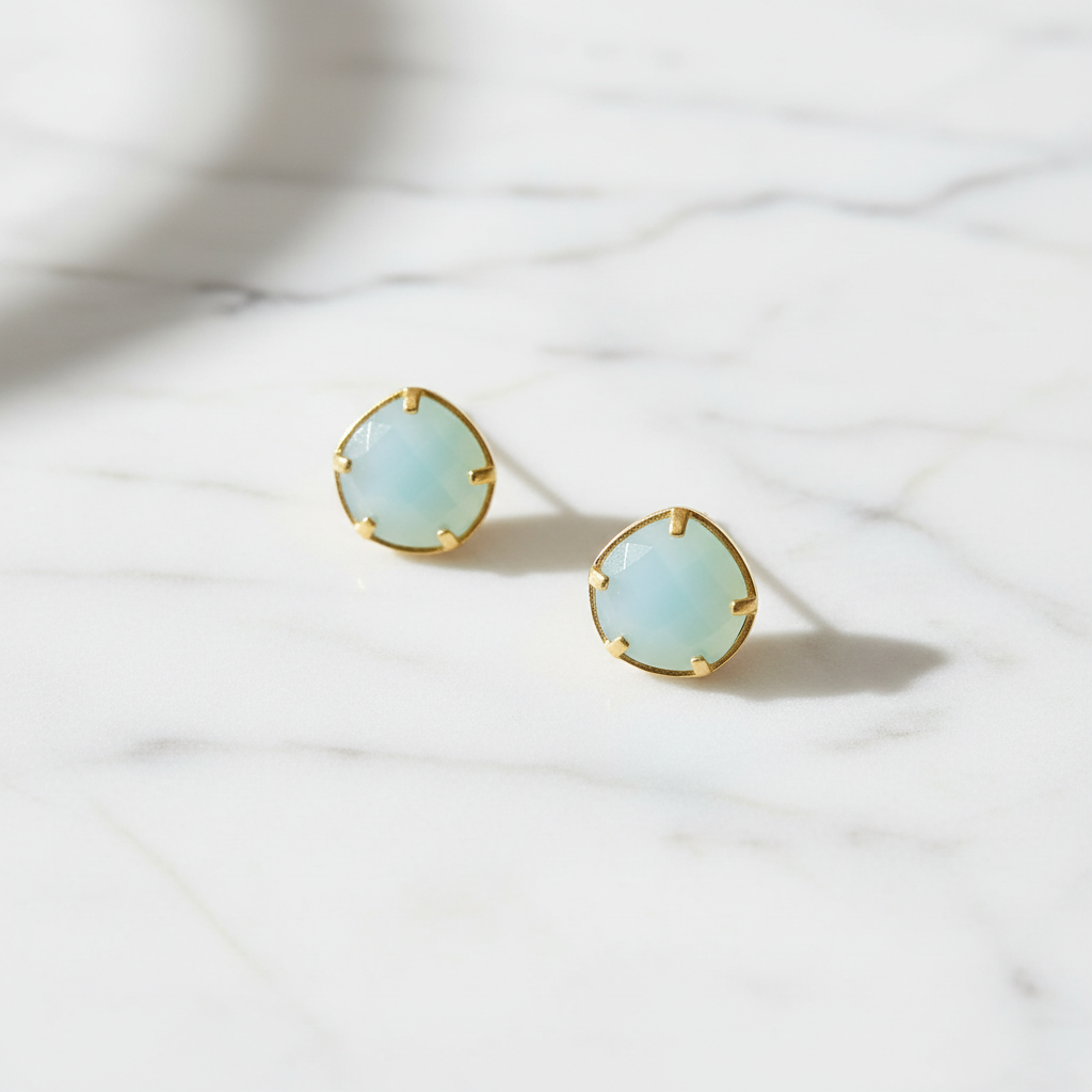Aqua Chalcedony Pear Stud Earrings 14K Gold Plated 925 Sterling Silver 8mm