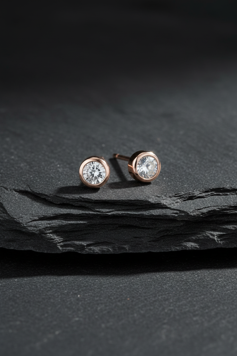 Bezel Set CZ Stud Earrings 14K Rose Gold Plated 925 Sterling Silver 4mm