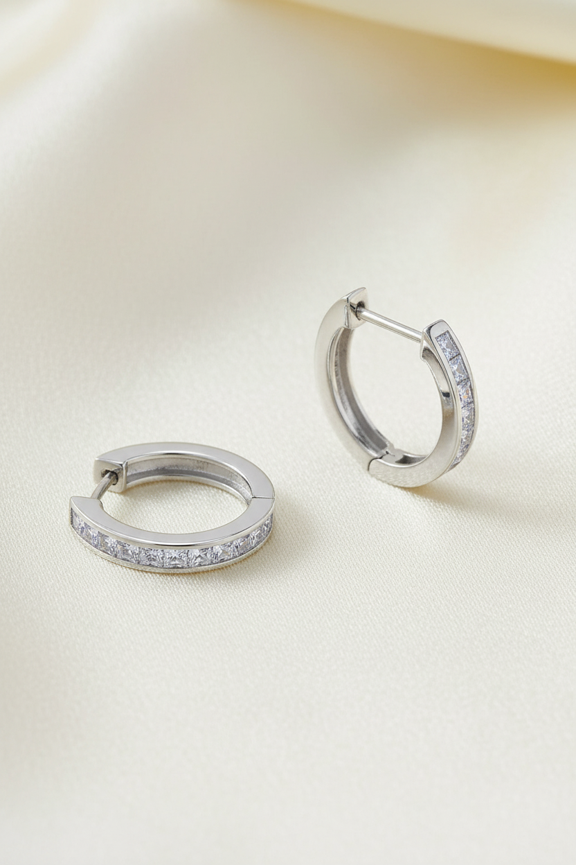 CZ Channel Set Hinged Hoop Earrings Rhodium Plated 925 Sterling Silver 15.5mm