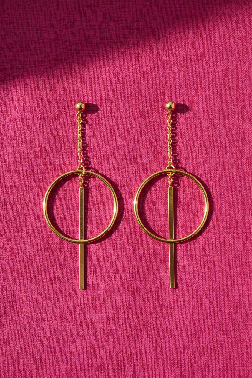 Chain Drop Bar Through Circle Earrings 14K Gold Plated 925 Sterling Silver 53.5mm