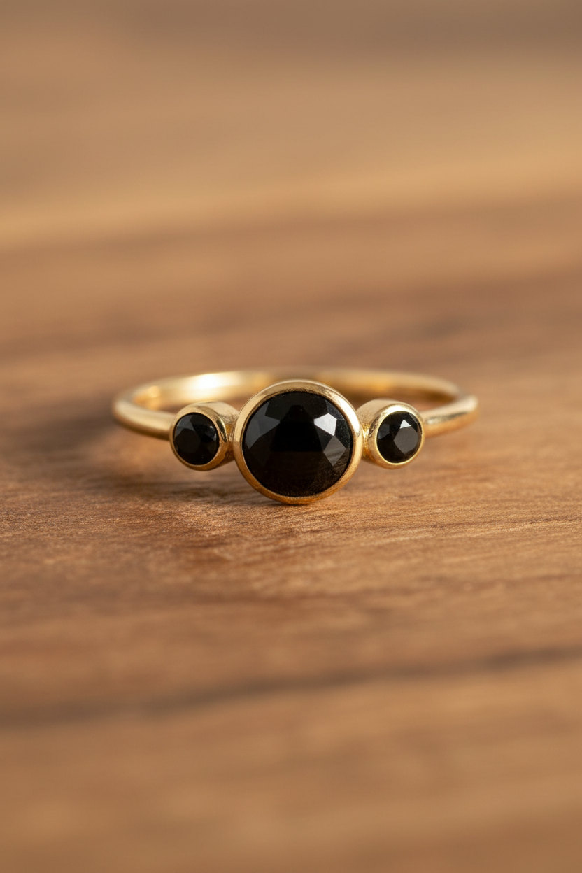 Triple Black Onyx Ring 14K Gold Plated 925 Silver Faceted 1.9mm Band Sizes 6-9
