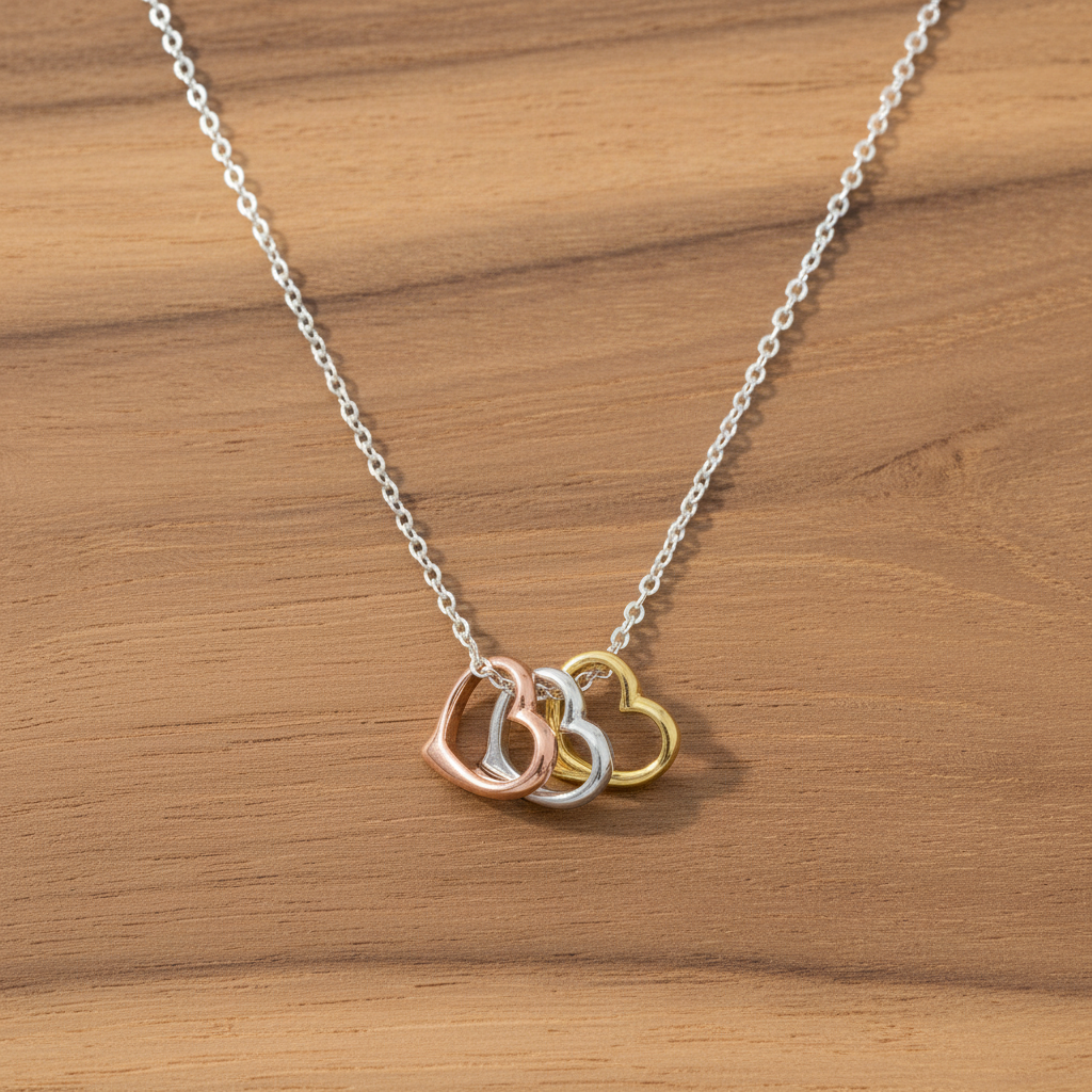 Tri Tone Heart Necklace Yellow Rose Gold Plated 925 Sterling Silver 9mm 15.75+2"