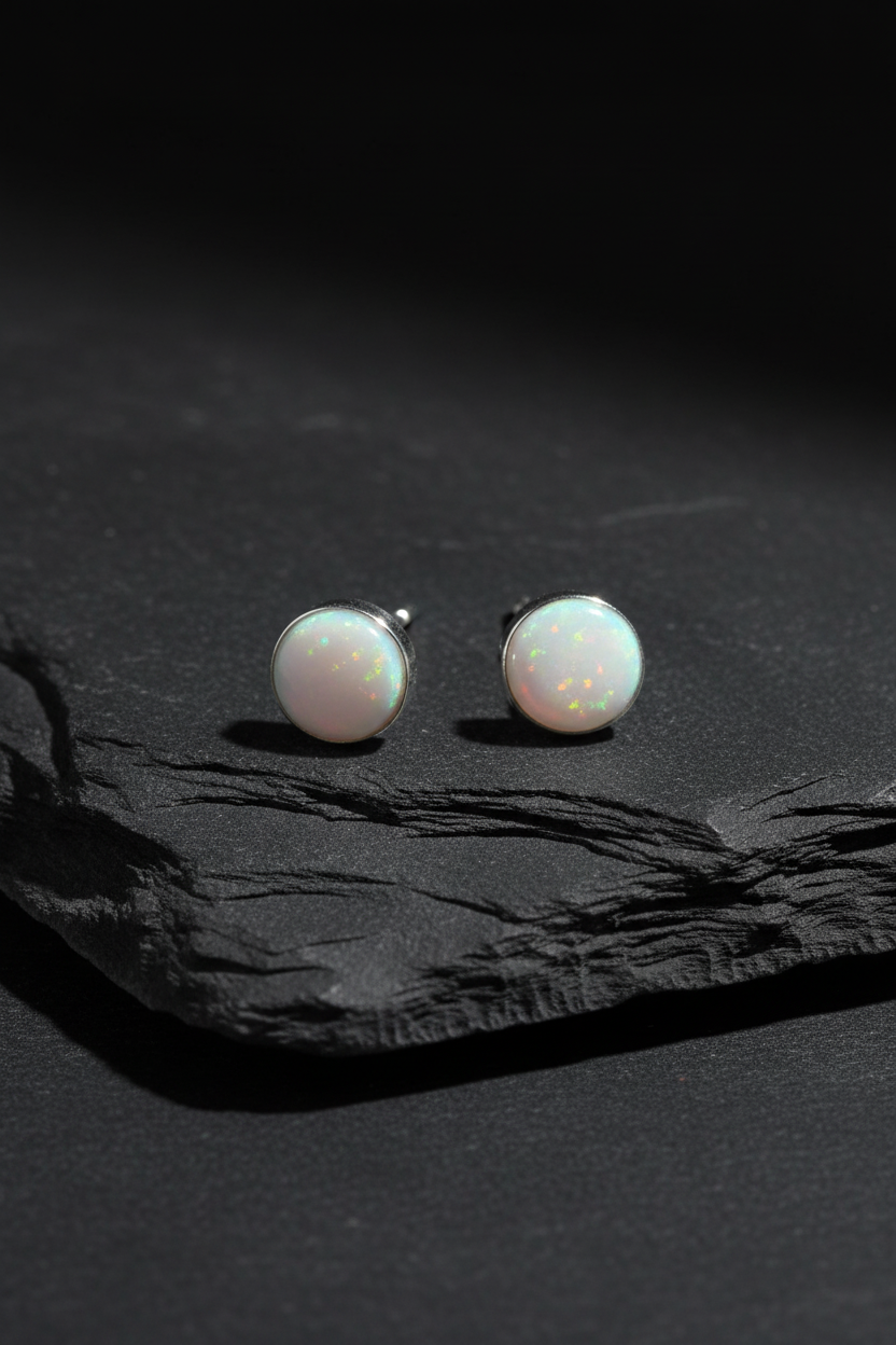 Synthetic White Opal Button Stud Earrings 925 Sterling Silver 4.4mm Iridescent