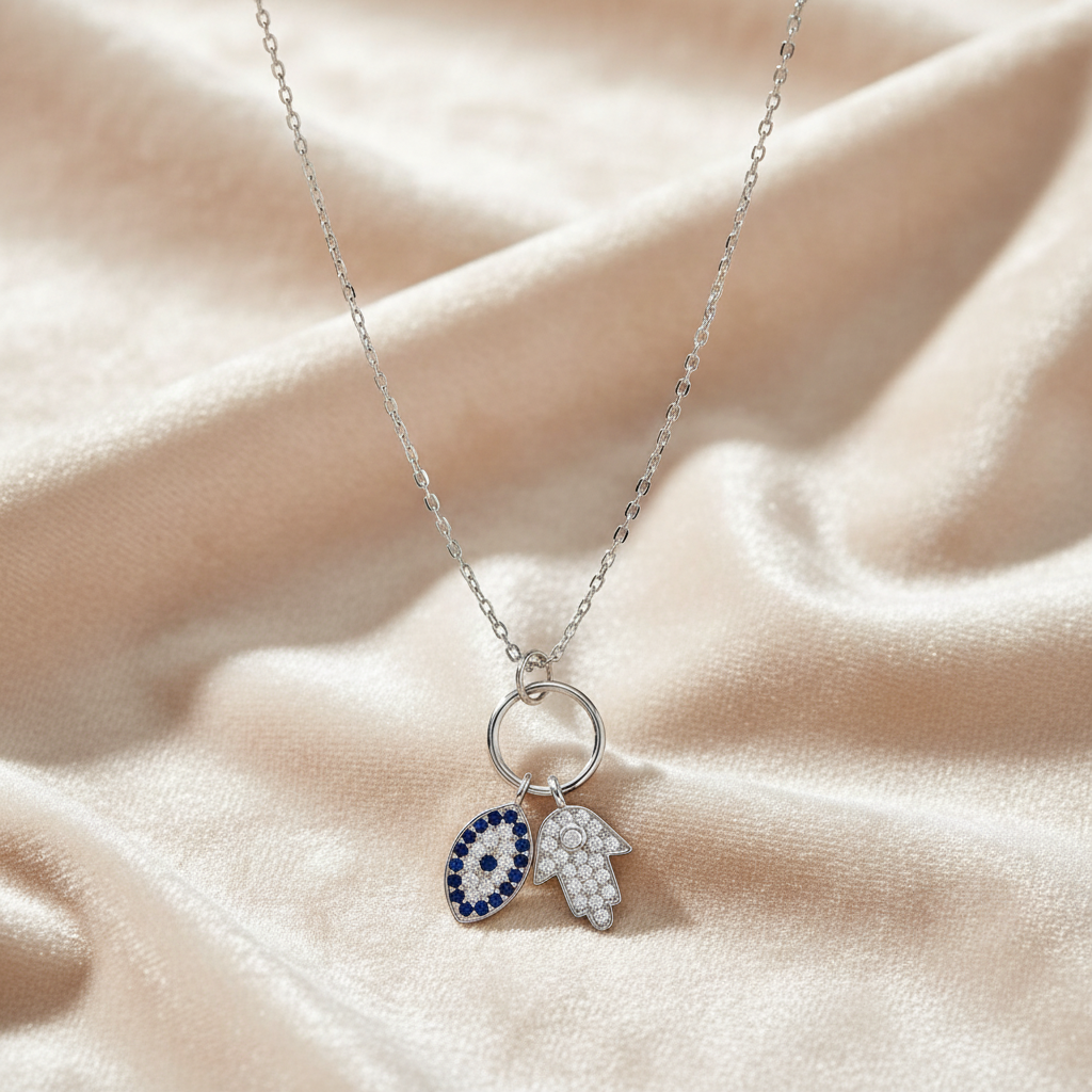 Sterling Silver Hamsa and Evil Eye CZ Pendant Necklace, Rhodium Plated, 16 Inch Chain with 2 Inch Extension, clear and blue CZs