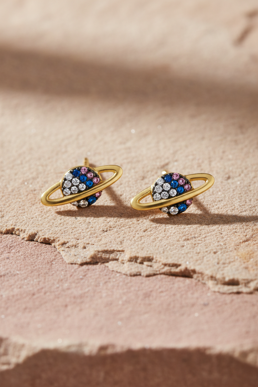 Multi-Color CZ Planet Orb Stud Earrings 14K Gold Plated 925 Sterling Silver 12mm