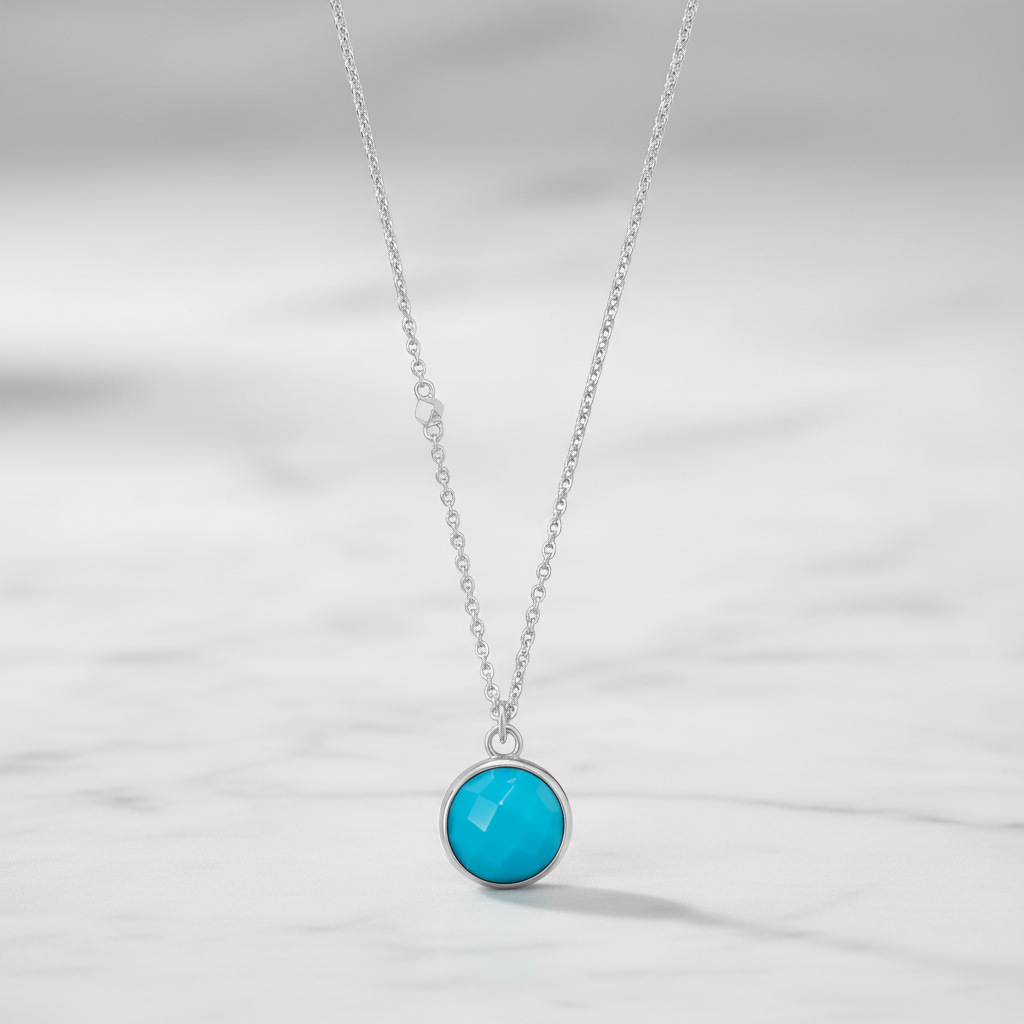 Turquoise Necklace - Sterling Silver Rhodium Plated Faceted Charm