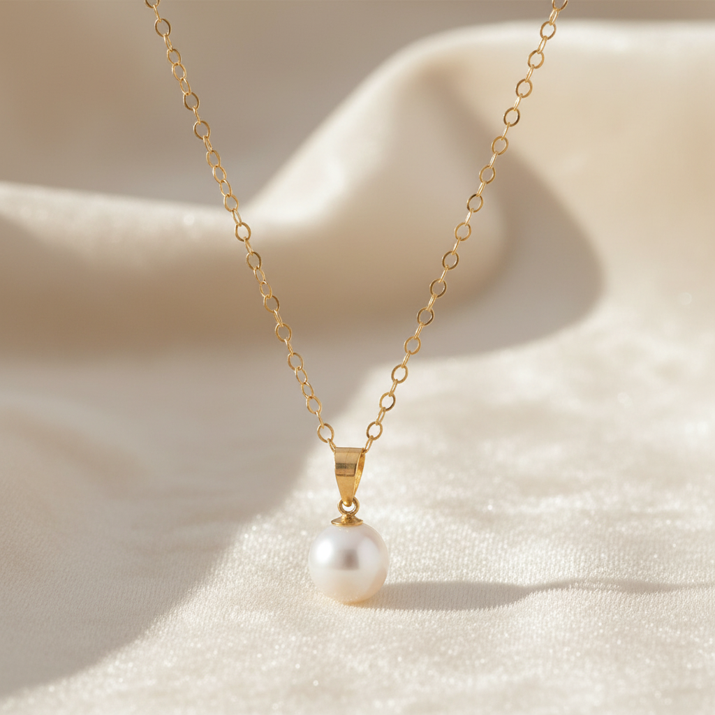 Cultured Freshwater Pearl Pendant Necklace Solid 14K Yellow Gold 7.5mm 16 Inch