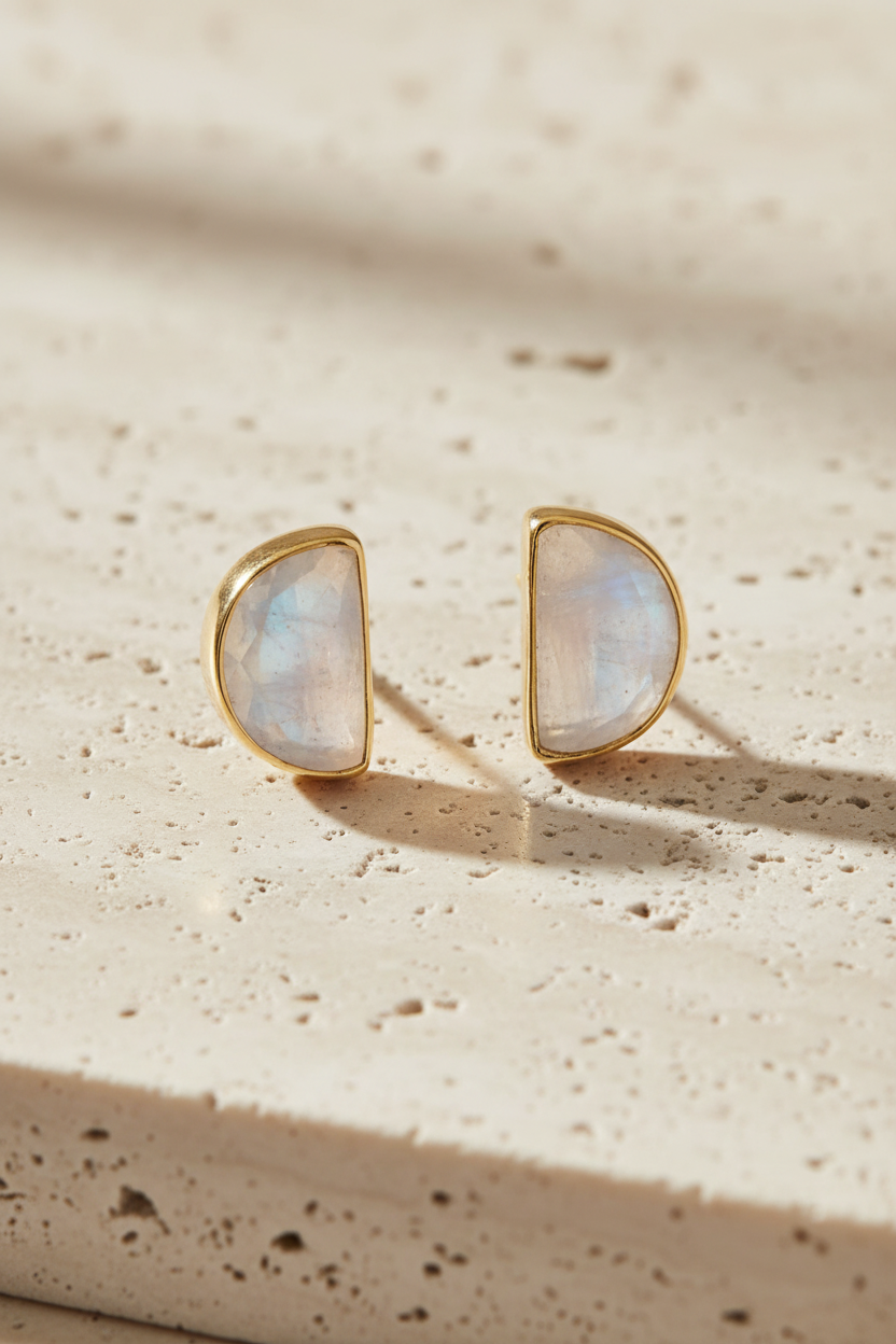 Crescent Glow Studs - 14 Karat Gold Plated Rainbow Moonstone