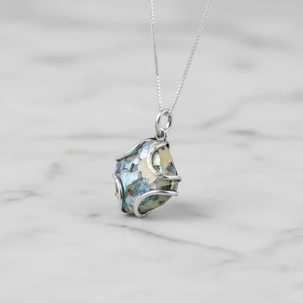 Ancient Roman Glass Necklace - Sterling Silver Oxidized Wire Set Pendant