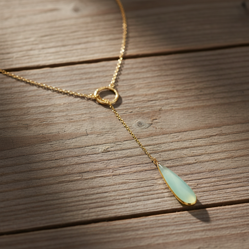 Chalcedony Drop Lariat Necklace 14K Gold Plated 925 Sterling Silver 7.5x29mm 24"