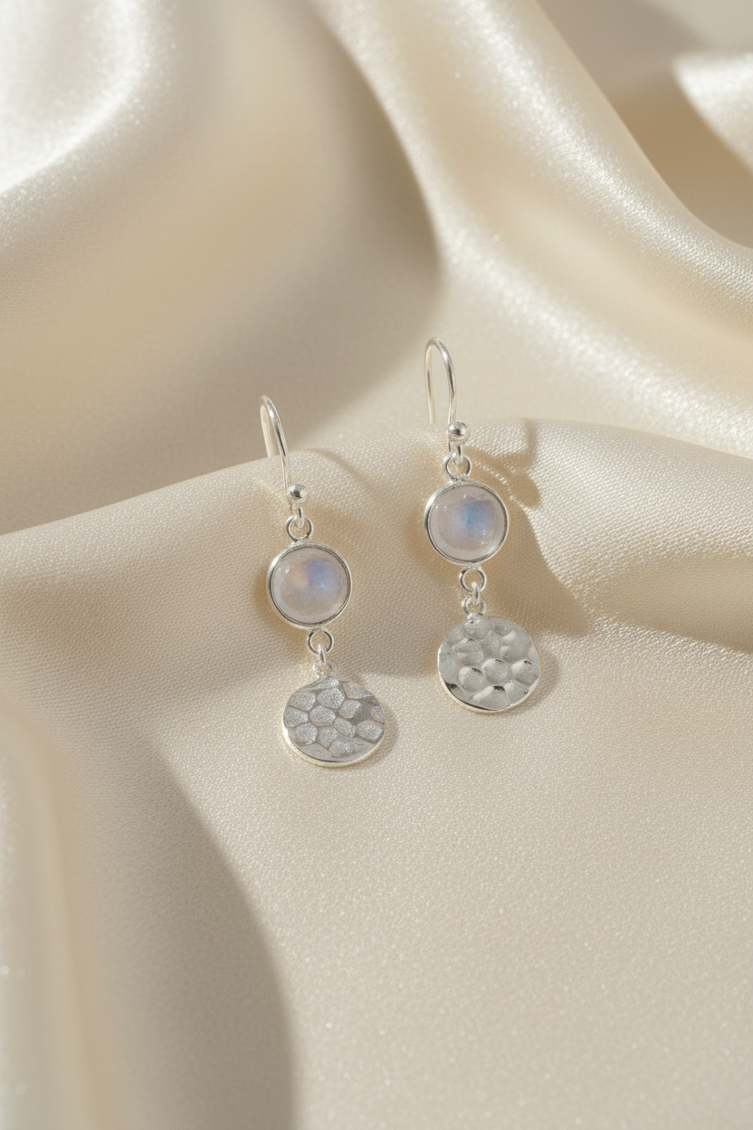 Rainbow Moonstone & Hammered Disc Drop Earrings 925 Sterling Silver French Wire 37mm