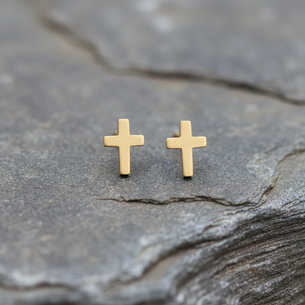 Cross Stud Earrings 14K Gold Plated 925 Sterling Silver 6x4mm