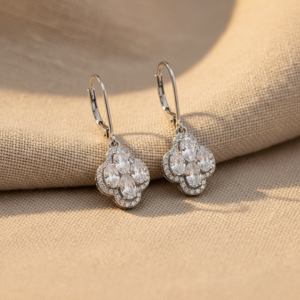 Four Oval CZ Halo Clover Drop Earrings Rhodium Plated 925 Sterling Silver 30.5mm