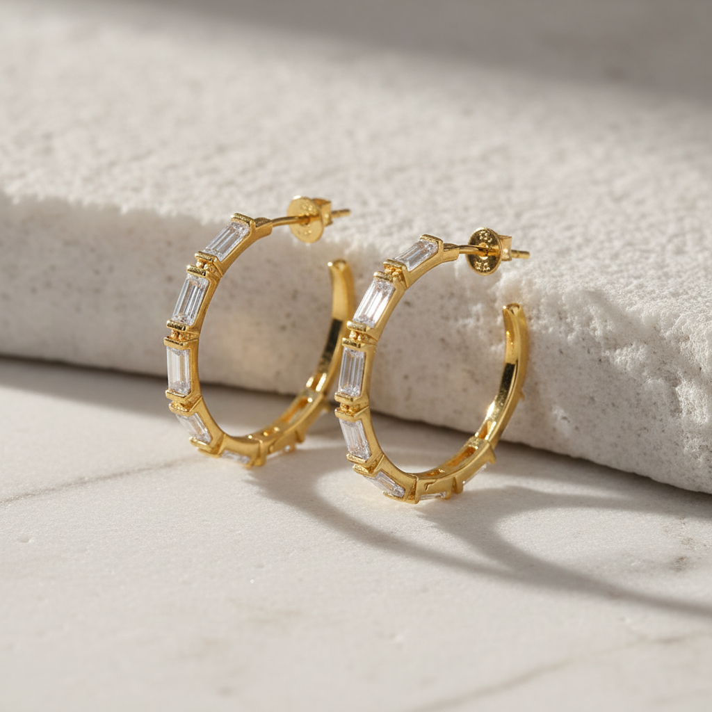 White Baguette CZ Hoop Earrings 14K Gold Plated 925 Sterling Silver 30mm