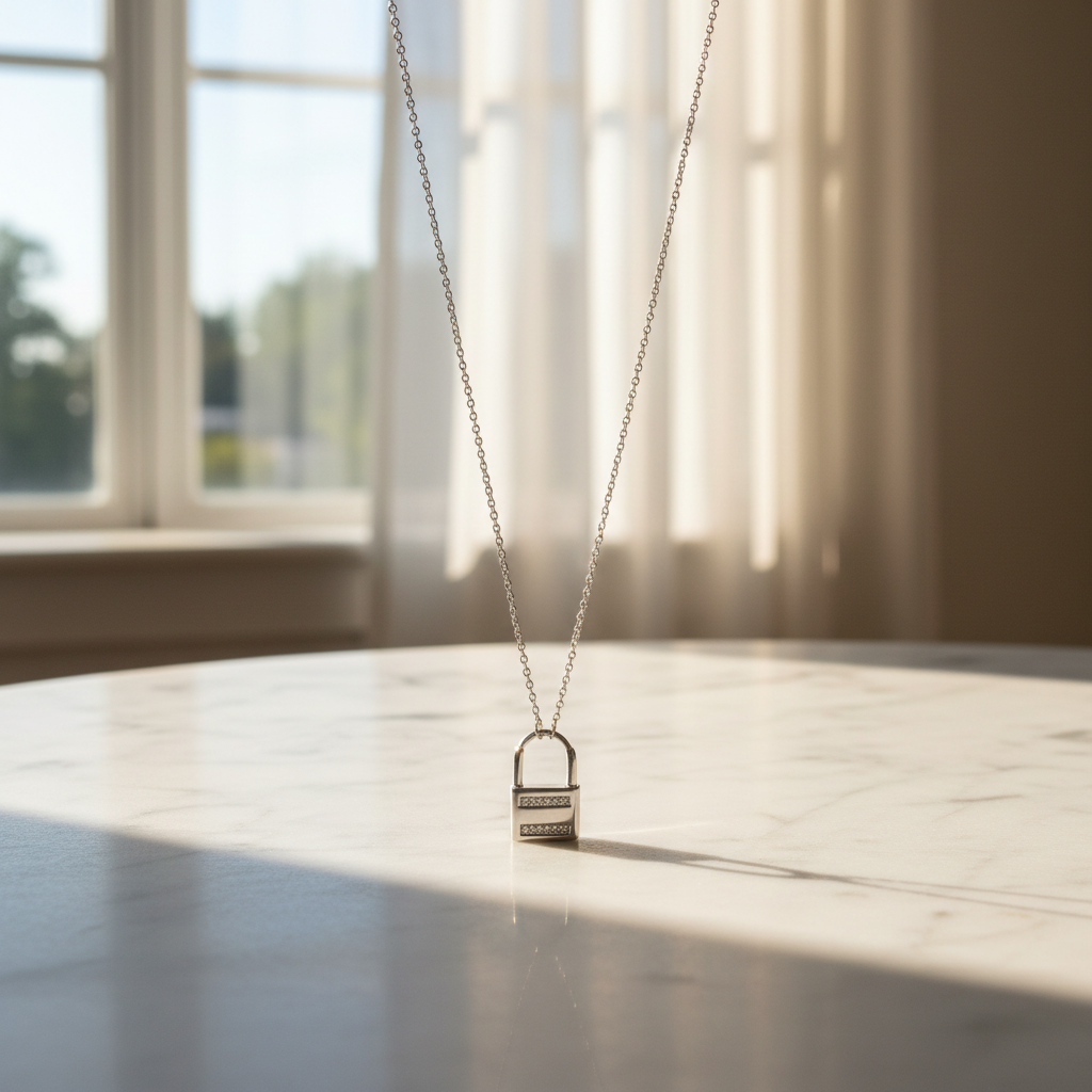 Lock Necklace - Sterling Silver Rhodium Plated CZ Charm