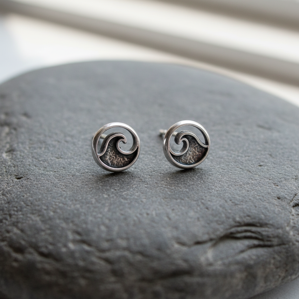 Wave Outline Stud Earrings Oxidized 925 Sterling Silver 8.3mm