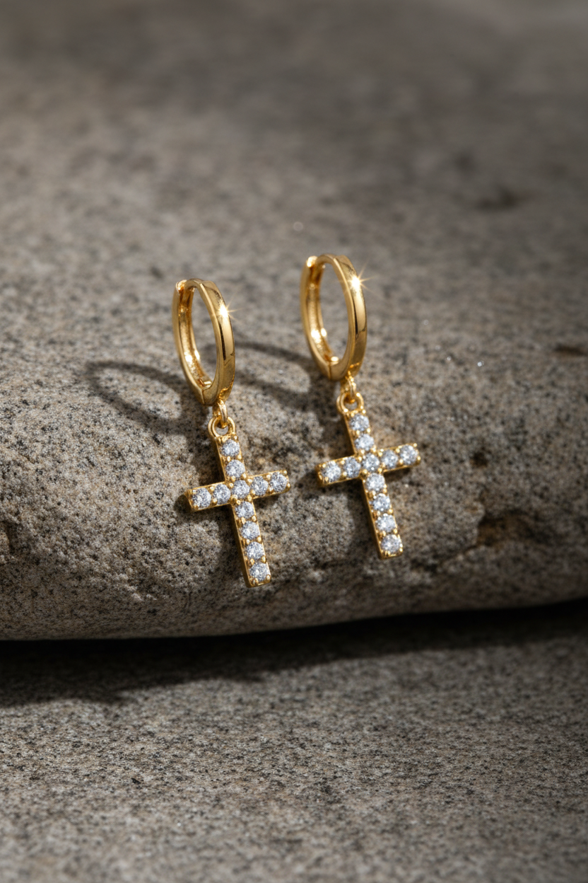 CZ Cross Charm Hoop Earrings 14K Gold Plated 925 Sterling Silver 11.4mm 25mm Drop