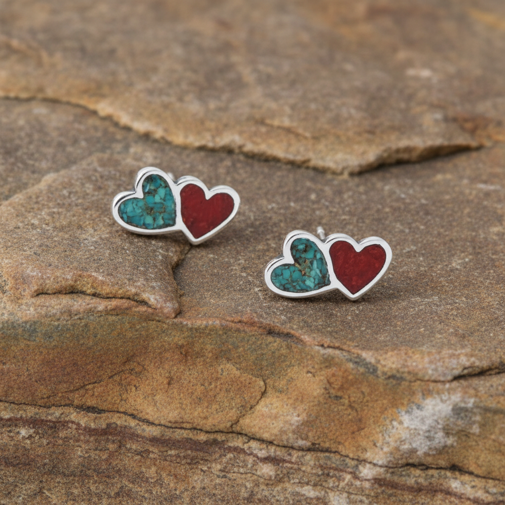 Turquoise Coral Chip Double Heart Stud Earrings Oxidized 925 Sterling Silver