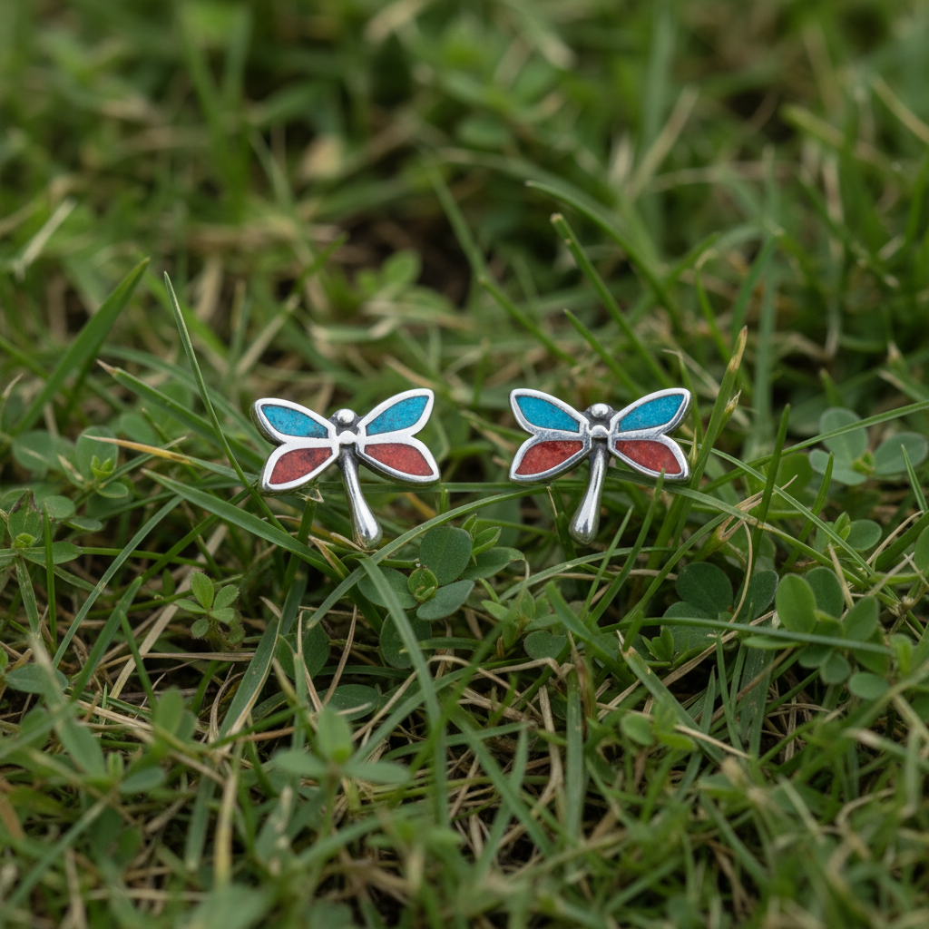 Dragonfly Stud Earrings Oxidized 925 Sterling Silver Turquoise Coral 9x10.8mm