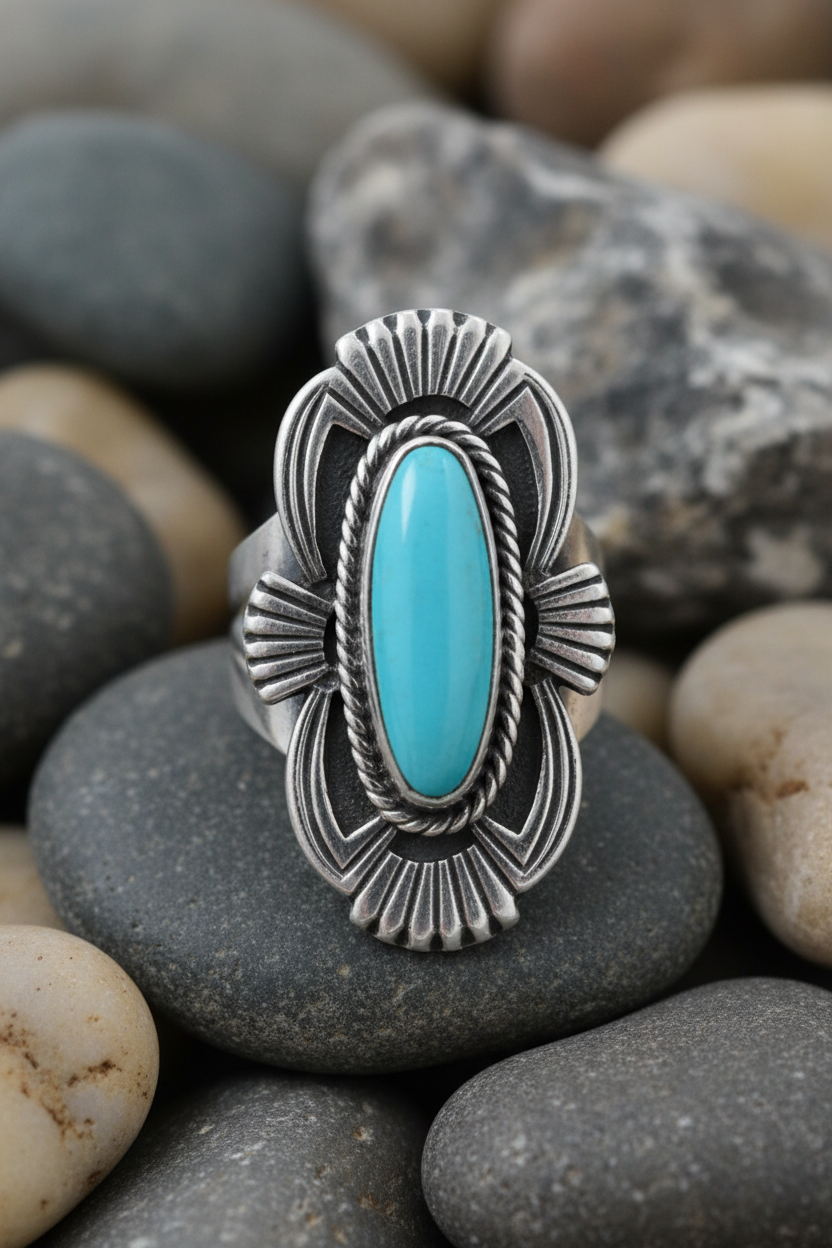 Navajo Handcrafted Campitos Turquoise Ring 925 Silver Richard Wylie Sizes 7-10