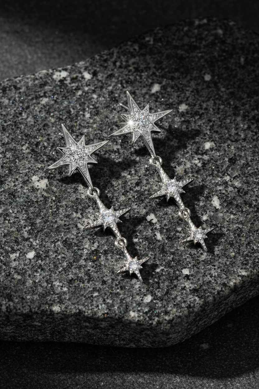 Triple CZ Starburst Cascade Drop Earrings Rhodium Plated 925 Sterling Silver 28mm