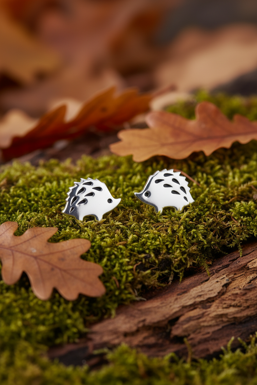 Enamel Hedgehog Stud Earrings Polished 925 Sterling Silver 9.5mm