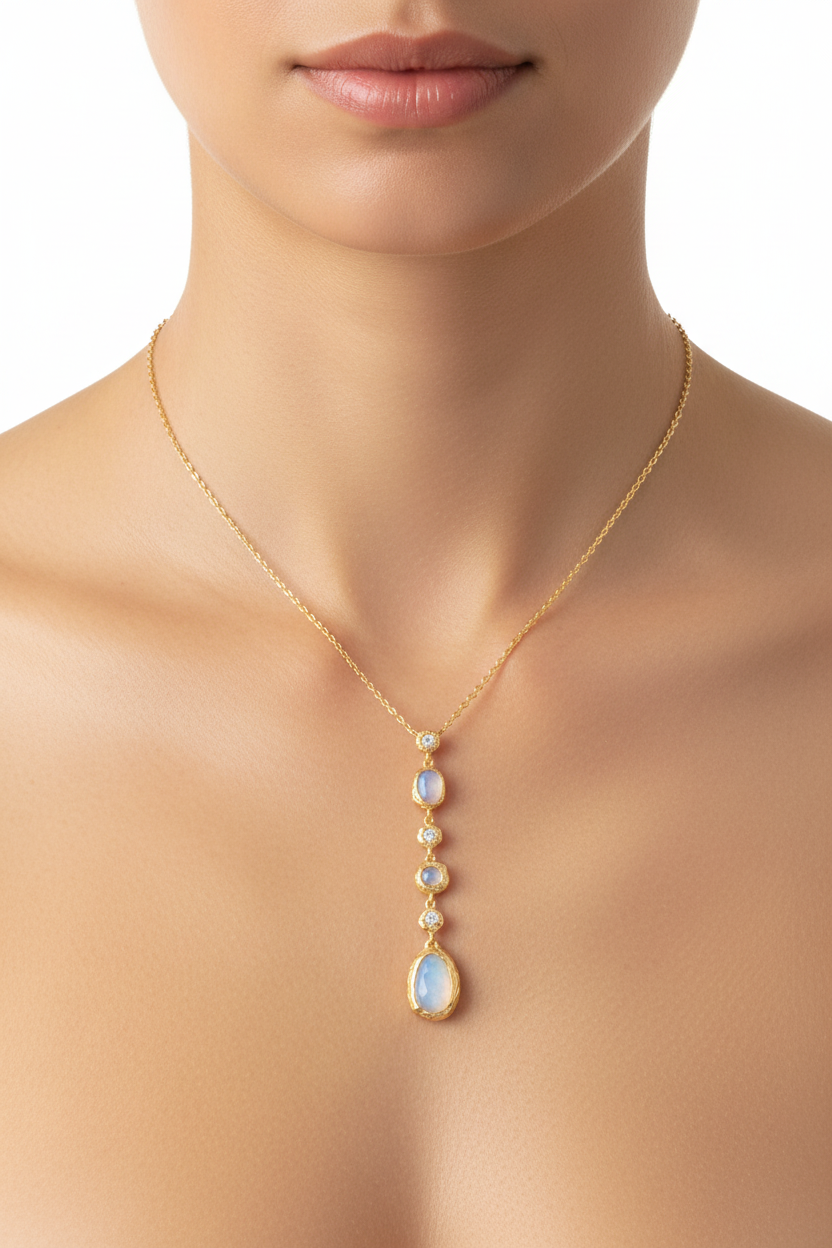14 Karat Gold Plated Sterling Silver Rainbow Moonstone Drop Necklace, CZ Accents, 16 Inch Chain with 2 Inch Extender