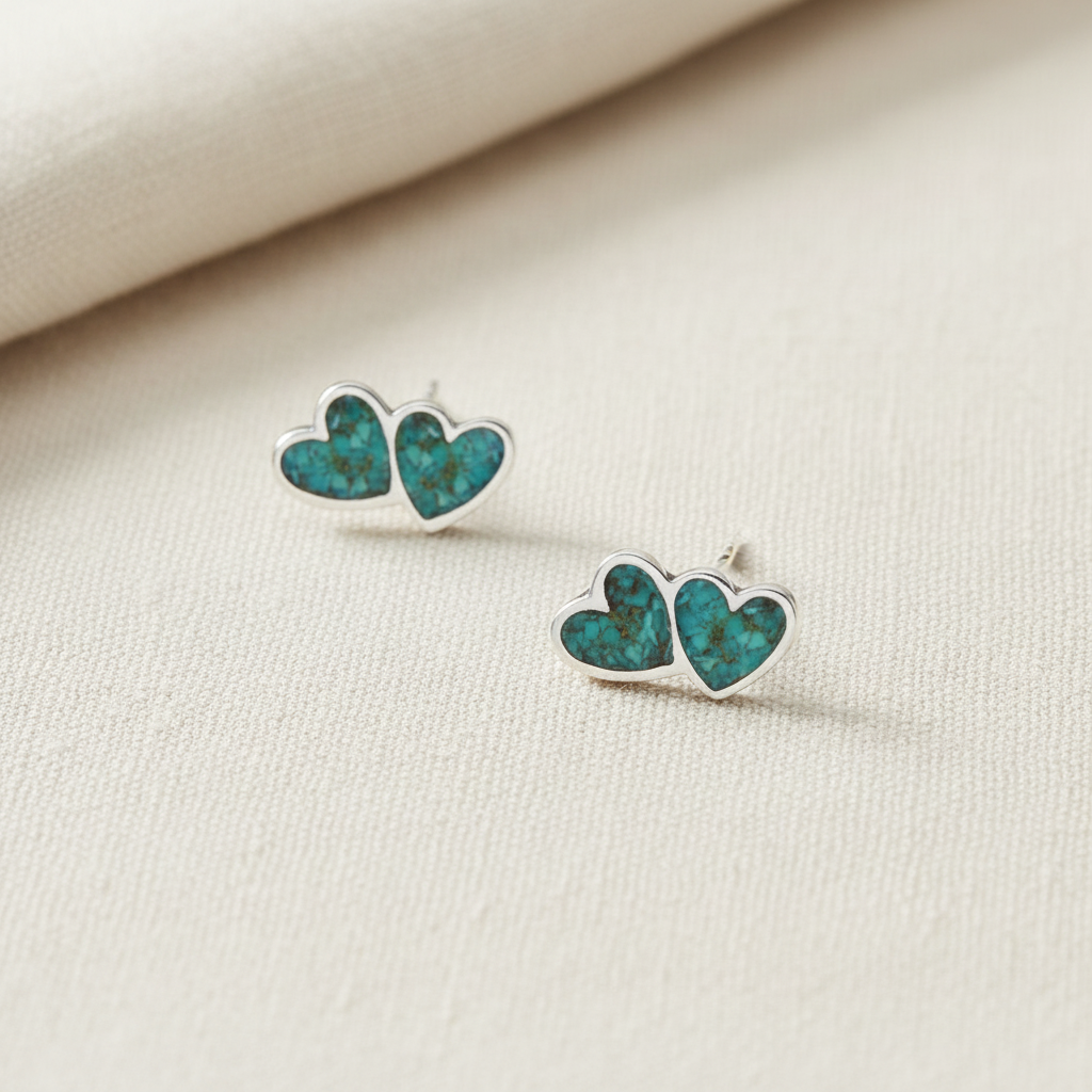 Turquoise Chip Double Heart Stud Earrings Oxidized 925 Sterling Silver 10.7mm