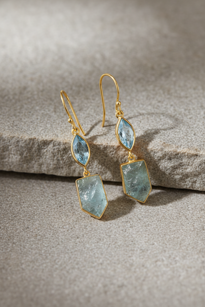 Blue Topaz & Aquamarine Drop Earrings 14K Gold Plated 925 Sterling Silver