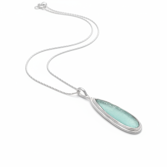 Ancient Roman Glass Necklace - Sterling Silver Green Pear Drop Pendant