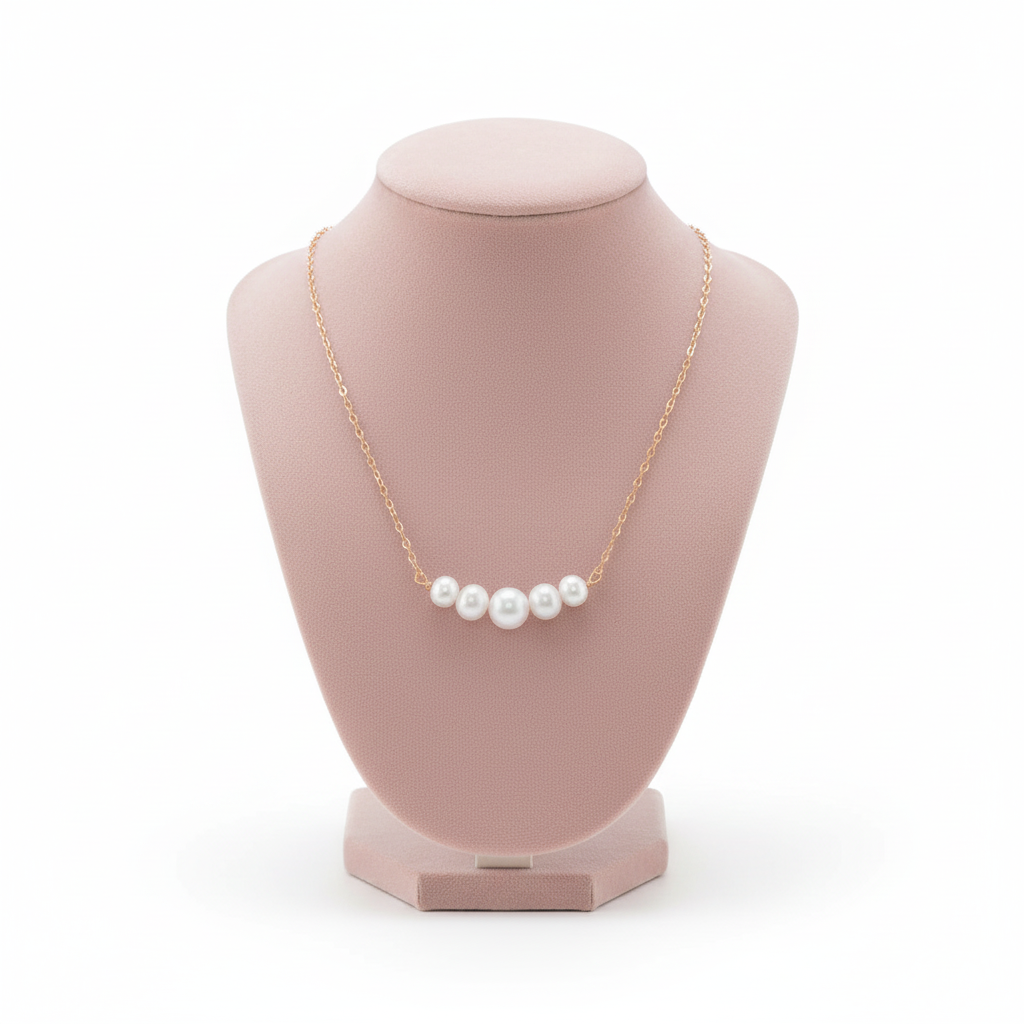 14 Karat Gold Pearl Bar Necklace, 16 Inch Cable Chain, 5 Cultured Freshwater Pearls, Spring Ring Closure, Yellow Gold