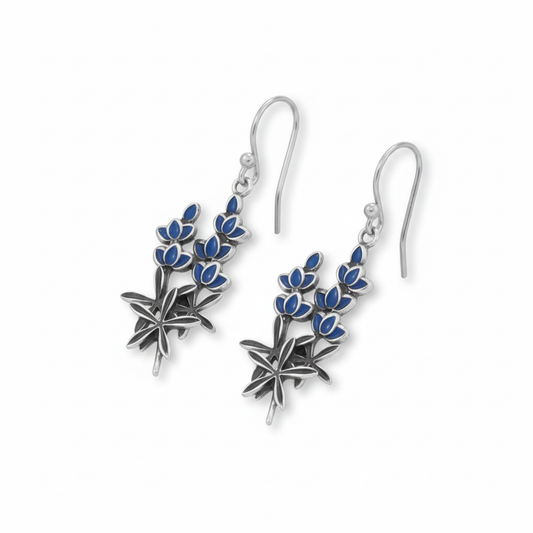Sterling Silver Bluebonnet Enamel French Wire Earrings, 46mm Length, 24.6mm x 12.8mm Charm