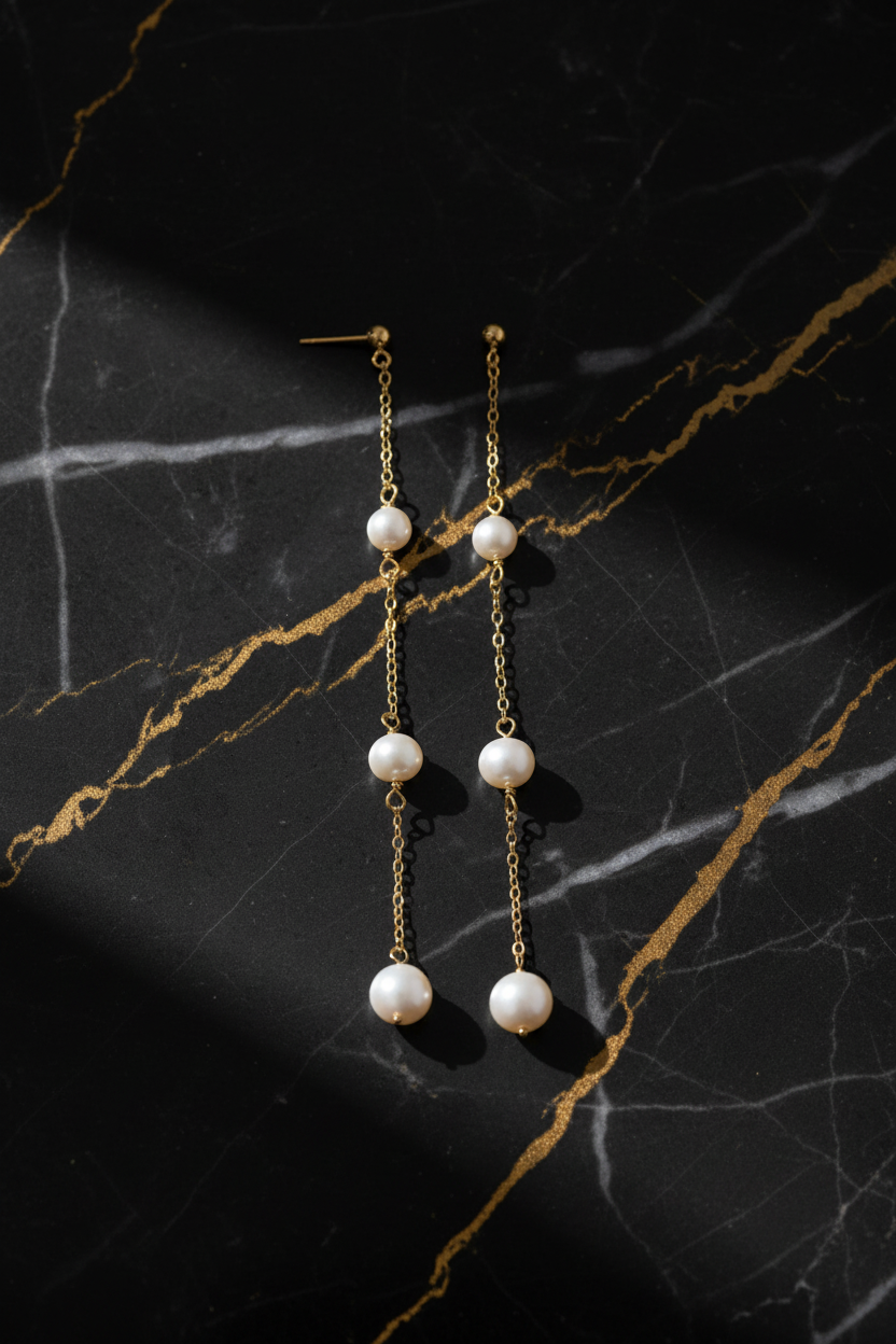 Triple Pearl Cascade Chain Dangle Earrings 14K Yellow Gold 3.5 Inch Drop