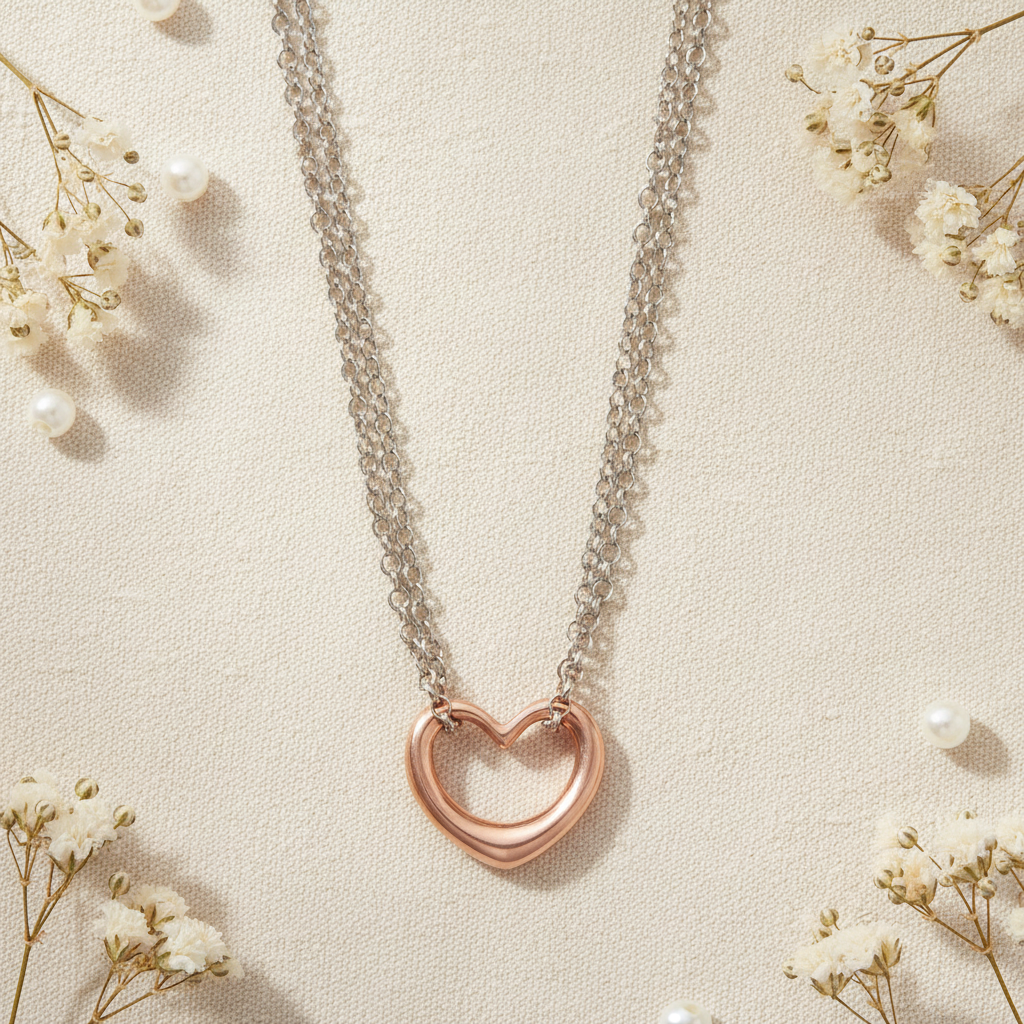 Heart Necklace - Sterling Silver Double Strand Rose Gold Pendant Italian