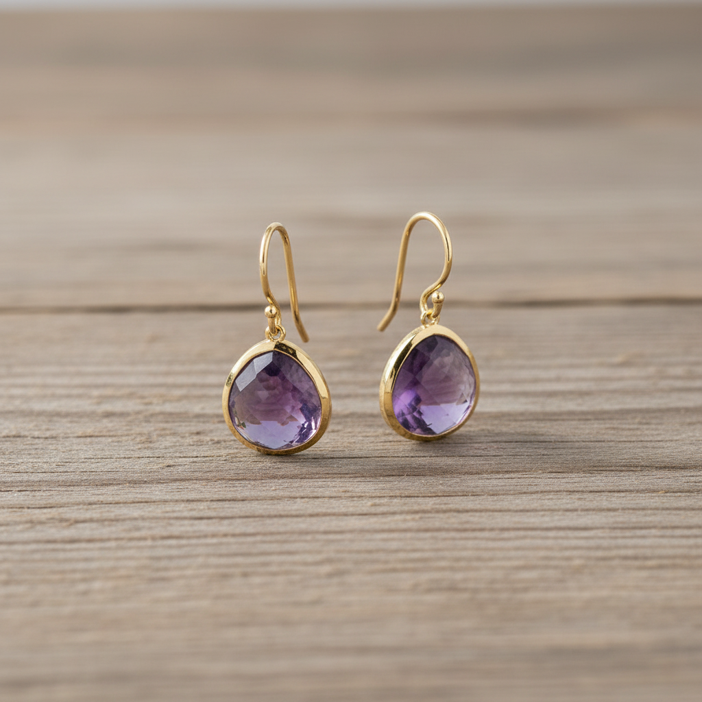 African Amethyst French Wire Earrings 14K Gold Plated 925 Sterling Silver 27mm