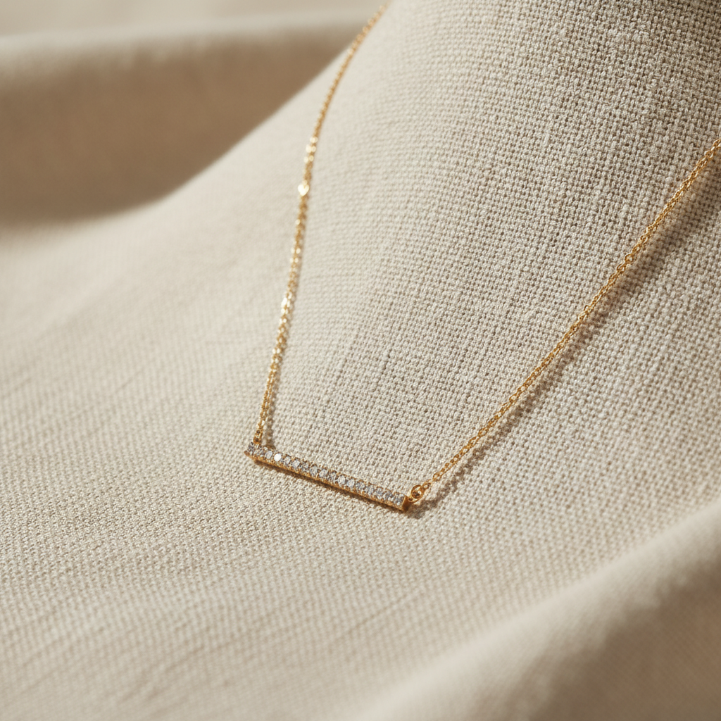 14 Karat Gold Plated Sterling Silver CZ Bar Necklace, Pendant Style, 16 Inch + 2 Inch Extension, Spring Ring Closure