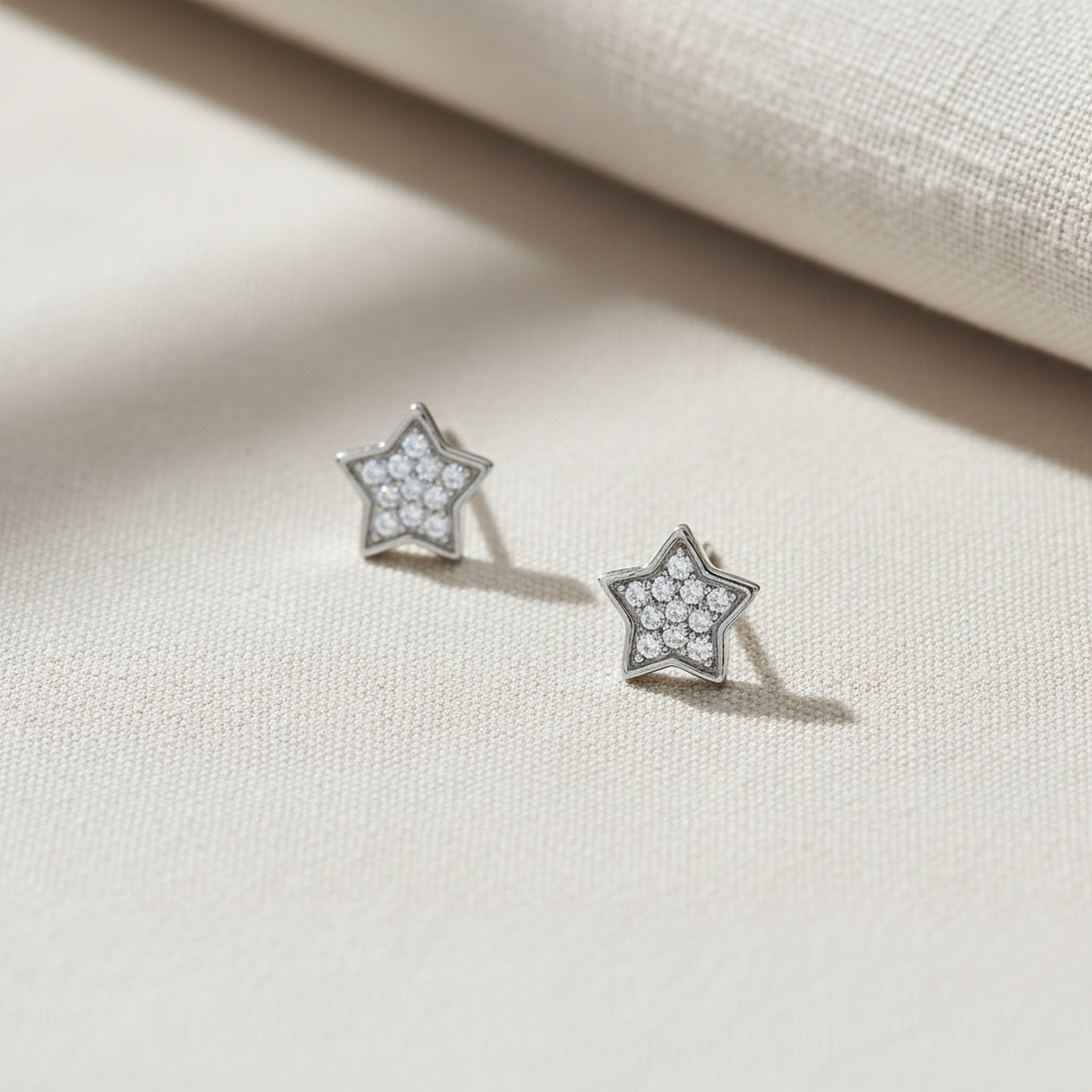 Pave CZ Star Stud Earrings Rhodium Plated 925 Sterling Silver 7mm