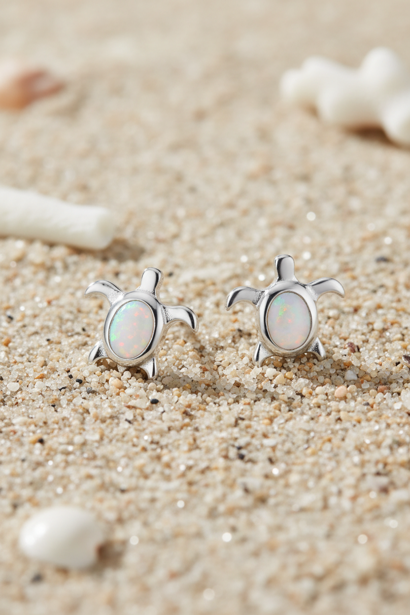 Synthetic White Opal Sea Turtle Stud Earrings Rhodium Plated 925 Sterling Silver