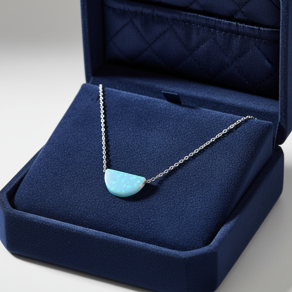 Opal Semicircle Necklace Rhodium 925 Silver Blue Synthetic 9x15mm 16+2