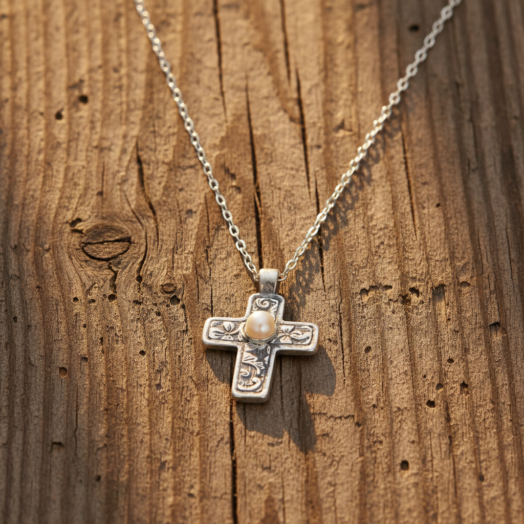 Reversible Cross Necklace - Sterling Silver Pearl Religious Jewelry