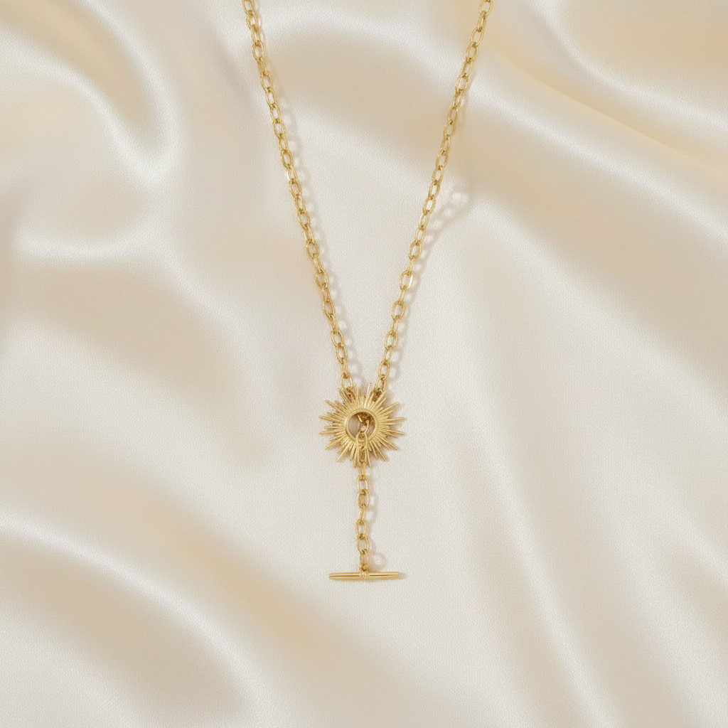 Sunburst Toggle Necklace 14K Gold Plated 925 Silver 20.5mm 16.5 Inch