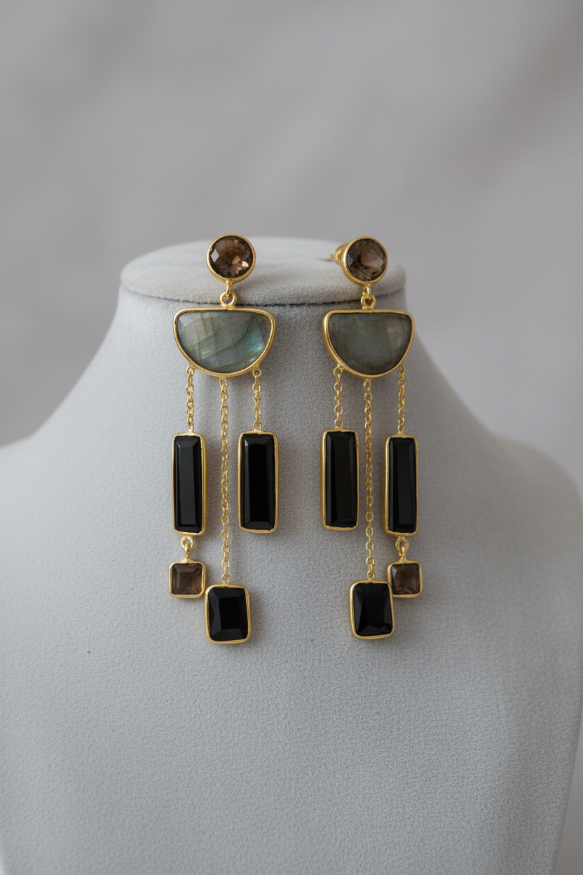 Labradorite Smoky Quartz Black Onyx Chandelier Earrings 14K Gold Plated 925 Silver 64mm