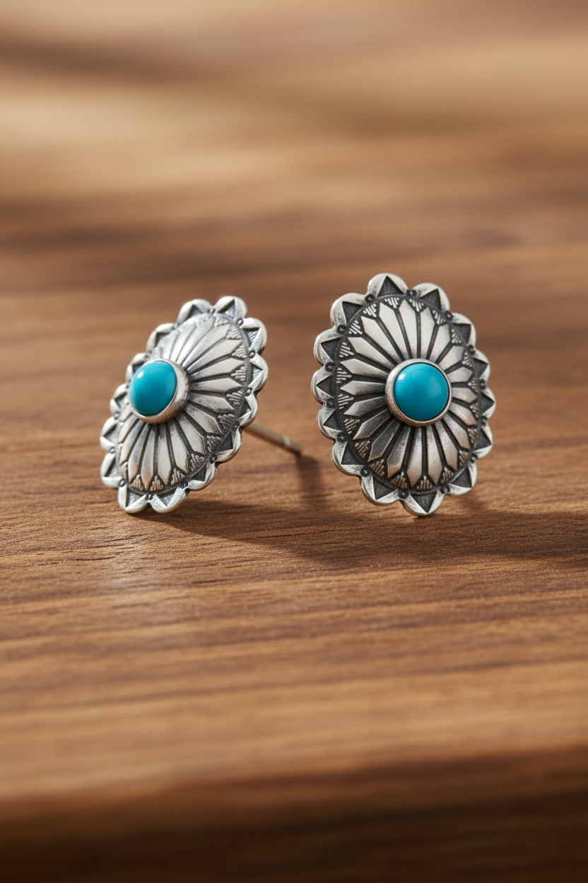 Desert Bloom Studs - Oxidized Sterling Silver Turquoise Concho Earrings