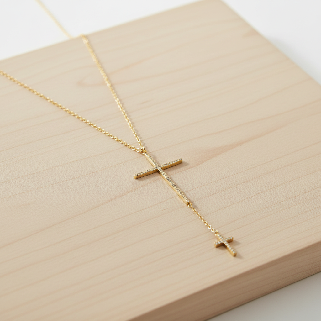 14 Karat Gold Plated Sterling Silver Necklace with Double CZ Cross Drop, 24 Inch Chain, Lobster Clasp