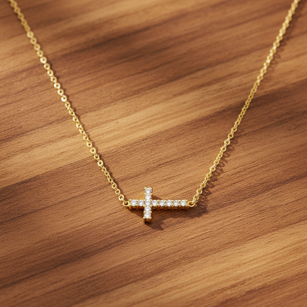 14 Karat Gold Plated Sterling Silver Necklace with Sideways CZ Cross, 16 Inch Chain, Lobster Clasp