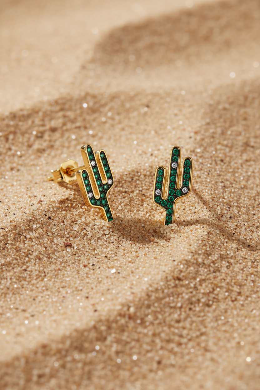 Desert Bloom Studs - 14K Gold Plated Sterling Silver Saguaro Cactus with CZ