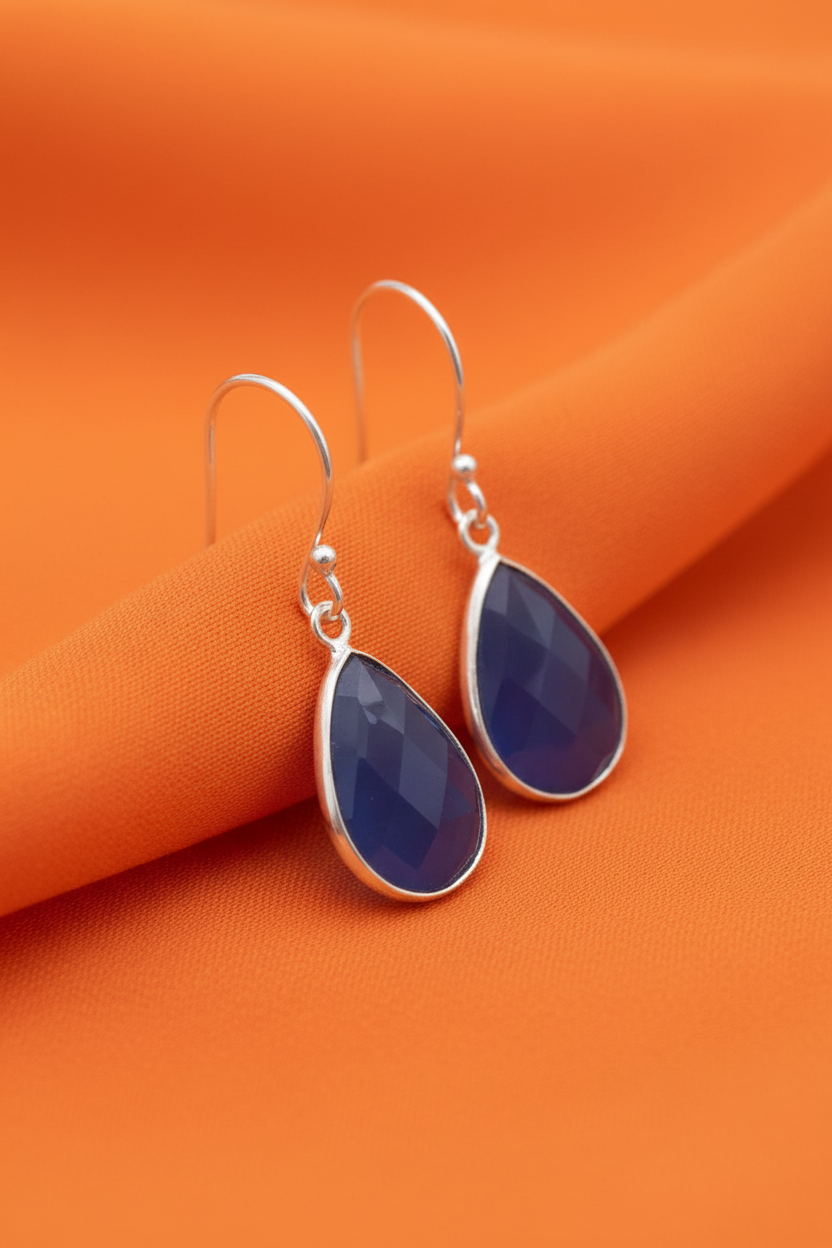 Dark Blue Chalcedony Pear Drop Earrings 925 Sterling Silver French Wire 30mm