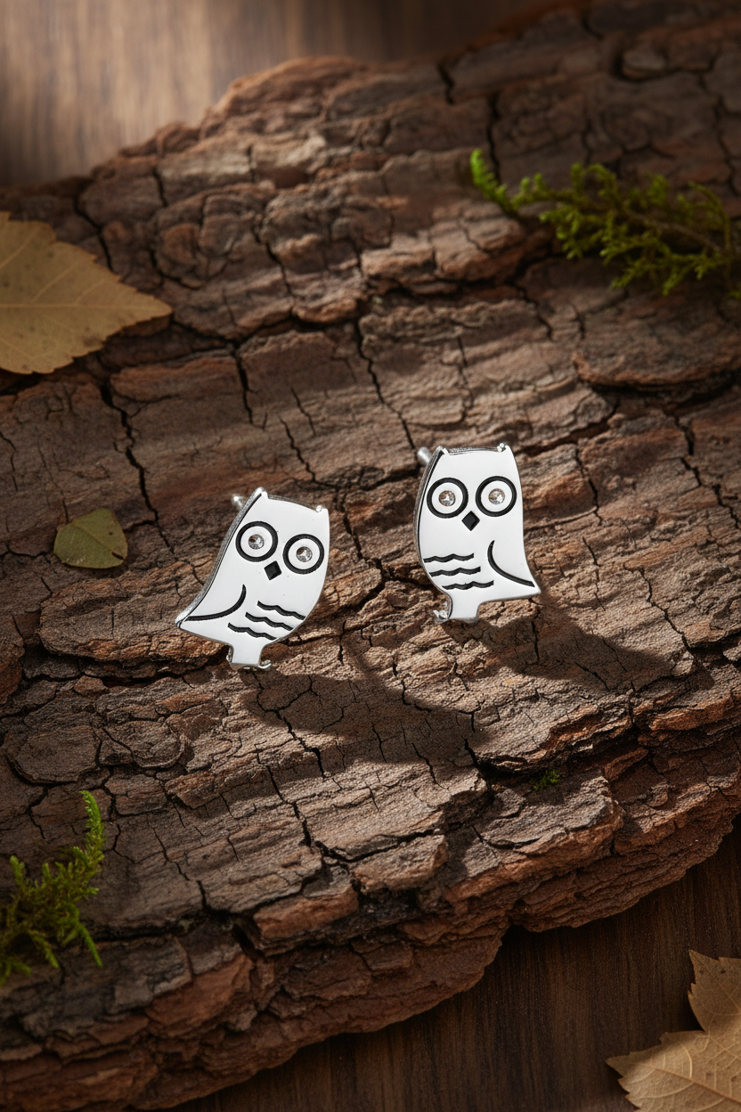 Wise Owl Studs - Sterling Silver Enamel Owl Earrings