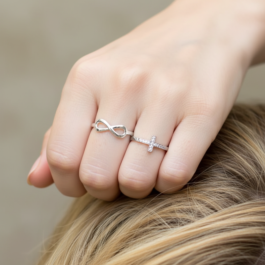 Infinity Ring Cross CZ Ring Different Female Hand Fist Hair Background 1x1